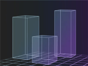 3D wireframe bar chart on a digital grid, illustrating data visualization in a virtual space.