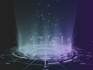 Futuristic digital interface with circular data visualization and floating particles.