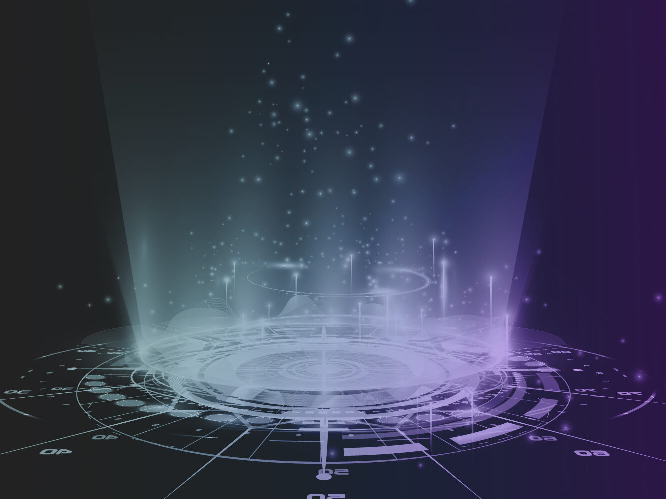 Futuristic digital interface with circular data visualization and floating particles.
